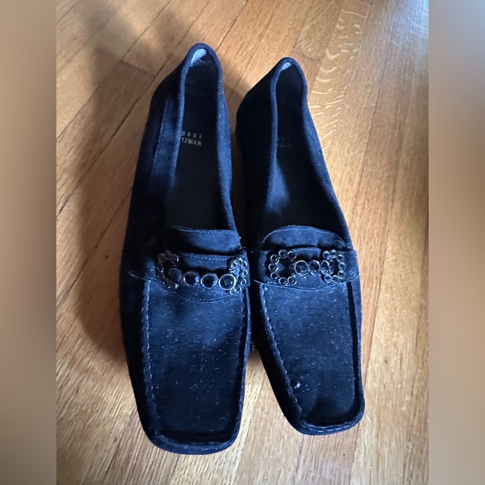 Stuart Weitzman 9.5 Black Bejeweled Suede Loafers, NWOT